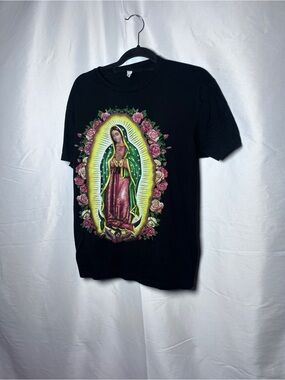 Black Virgin Mary Graphic Tee with Pink Roses 3  pieces. Men and women too .